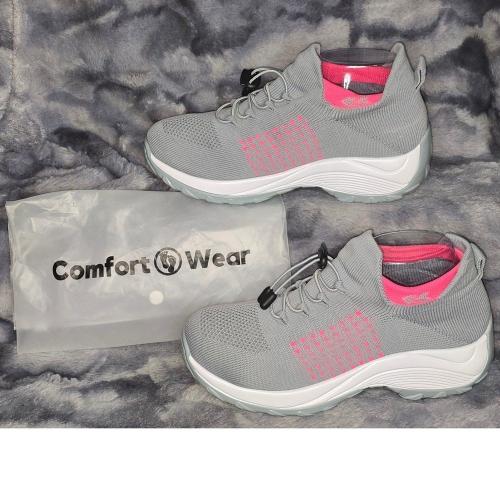 NWT Comfort Wear Ortho Stretch Gray Pink Slip On Sock‎ Sneaker Size 9.5/ EU 41.5